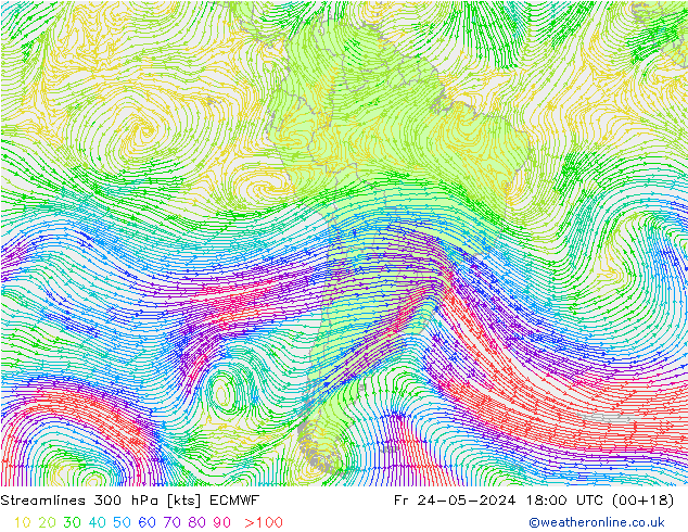 Linea di flusso 300 hPa ECMWF ven 24.05.2024 18 UTC