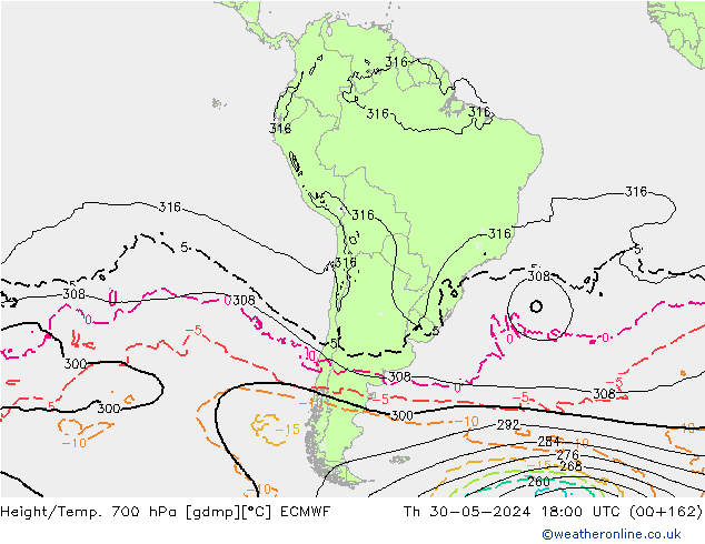 Geop./Temp. 700 hPa ECMWF jue 30.05.2024 18 UTC