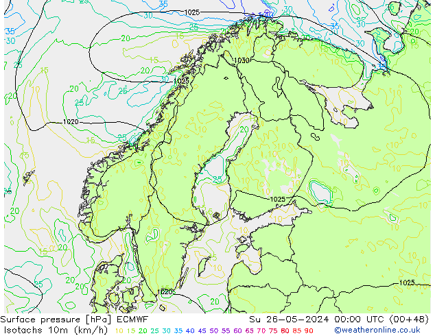 Isotachen (km/h) ECMWF So 26.05.2024 00 UTC