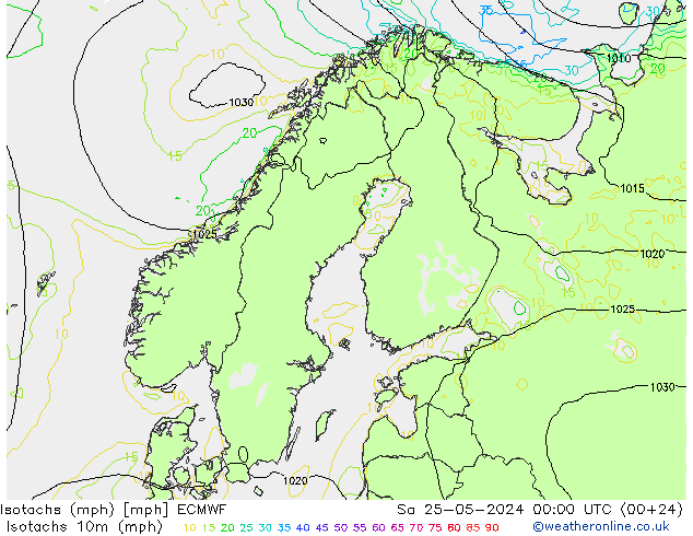 Isotachs (mph) ECMWF сб 25.05.2024 00 UTC