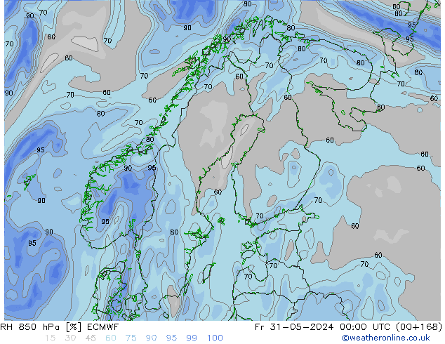 RH 850 гПа ECMWF пт 31.05.2024 00 UTC