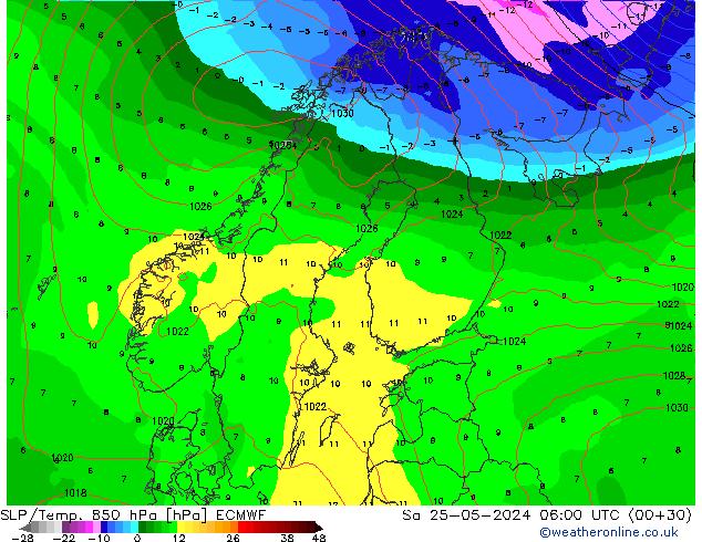 SLP/Temp. 850 hPa ECMWF Sa 25.05.2024 06 UTC