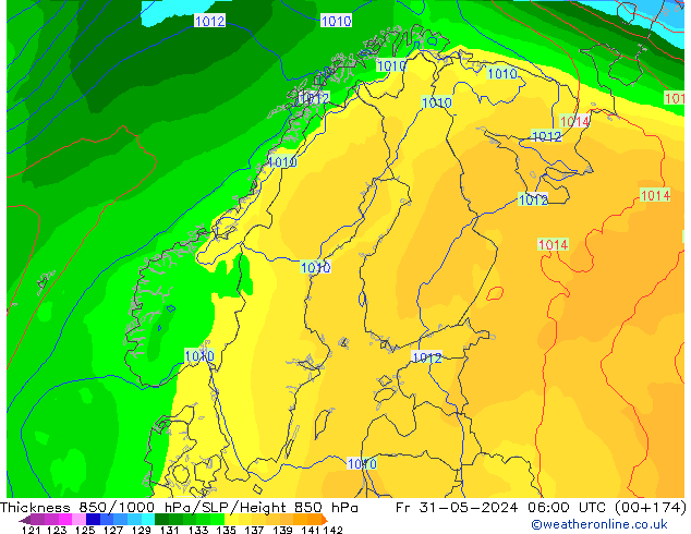 Thck 850-1000 гПа ECMWF пт 31.05.2024 06 UTC