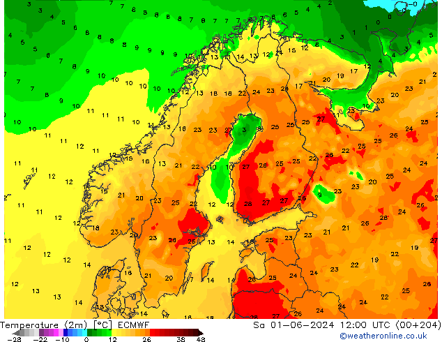 Temperatuurkaart (2m) ECMWF za 01.06.2024 12 UTC