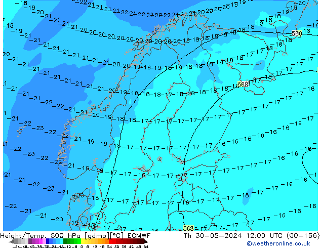 Z500/Rain (+SLP)/Z850 ECMWF czw. 30.05.2024 12 UTC