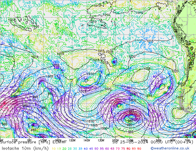 Isotachs (kph) ECMWF Sa 25.05.2024 00 UTC