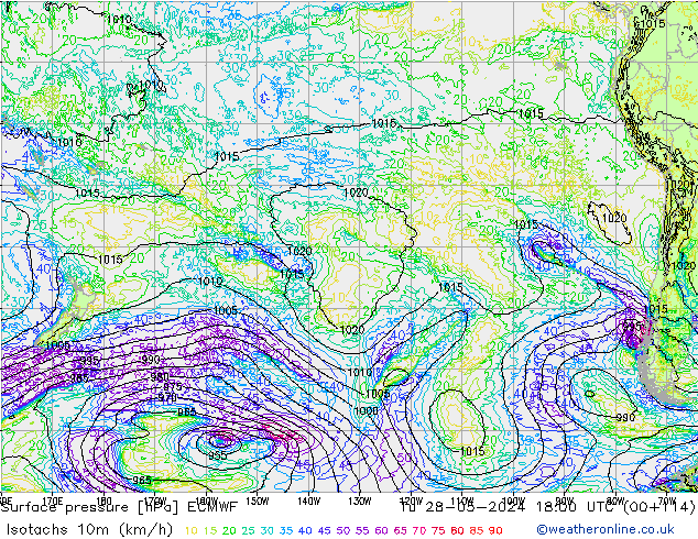 Isotachs (kph) ECMWF Út 28.05.2024 18 UTC