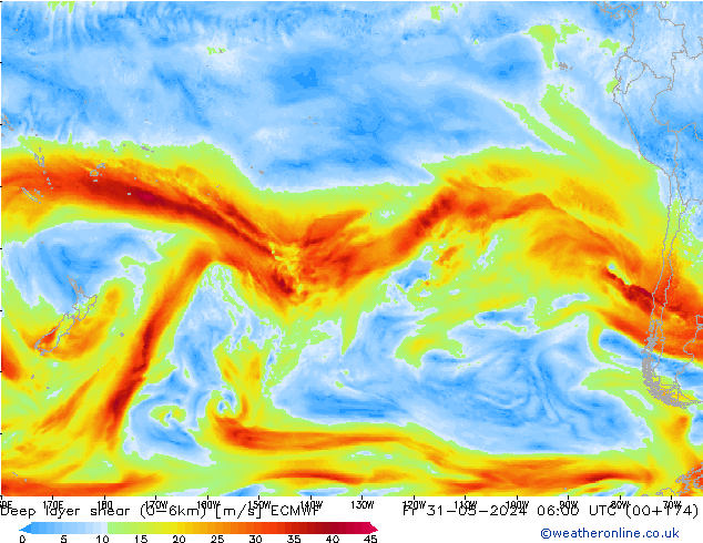 Deep layer shear (0-6km) ECMWF Fr 31.05.2024 06 UTC