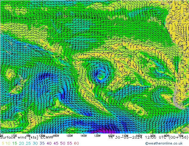 Vento 10 m ECMWF gio 30.05.2024 12 UTC