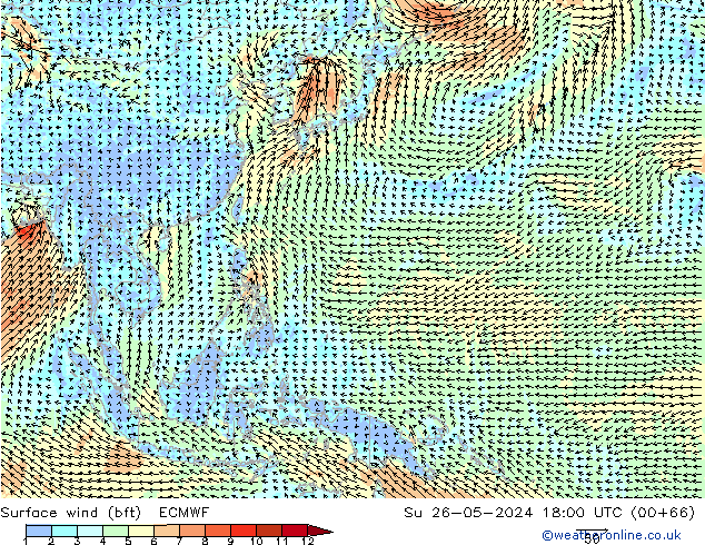 Surface wind (bft) ECMWF Su 26.05.2024 18 UTC