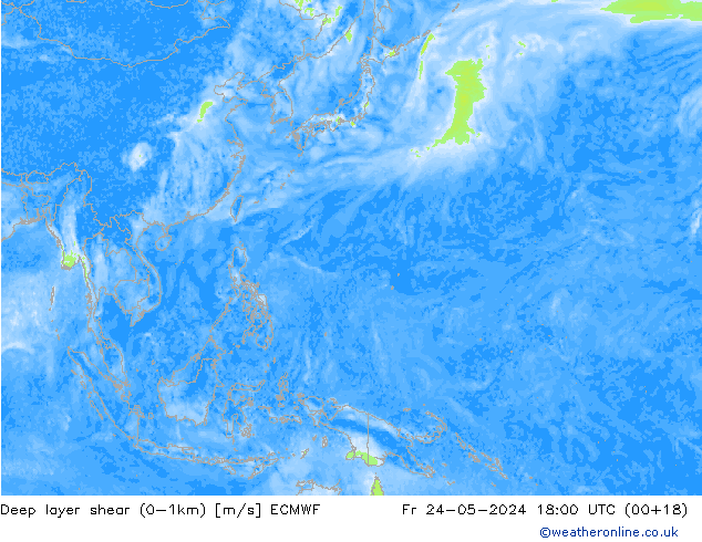 Deep layer shear (0-1km) ECMWF Sex 24.05.2024 18 UTC