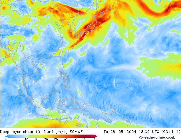 Deep layer shear (0-6km) ECMWF Tu 28.05.2024 18 UTC