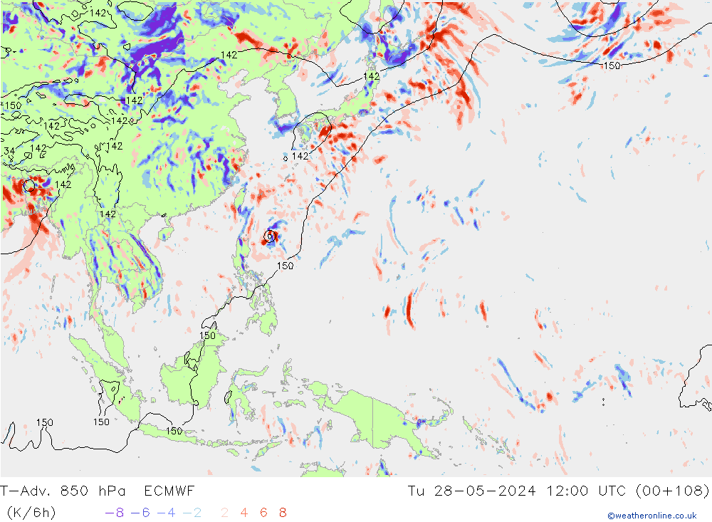 T-Adv. 850 hPa ECMWF wto. 28.05.2024 12 UTC