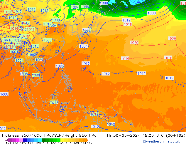 Thck 850-1000 hPa ECMWF Qui 30.05.2024 18 UTC