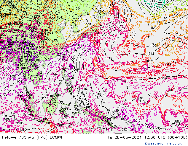 Theta-e 700hPa ECMWF Tu 28.05.2024 12 UTC