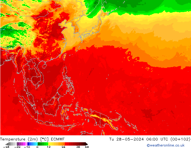 Temperature (2m) ECMWF Tu 28.05.2024 06 UTC