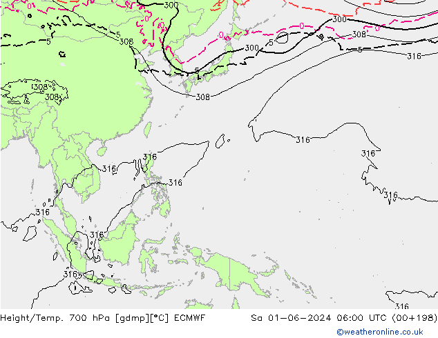 Height/Temp. 700 hPa ECMWF Sa 01.06.2024 06 UTC