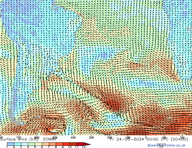 Vento 10 m (bft) ECMWF Sex 24.05.2024 00 UTC