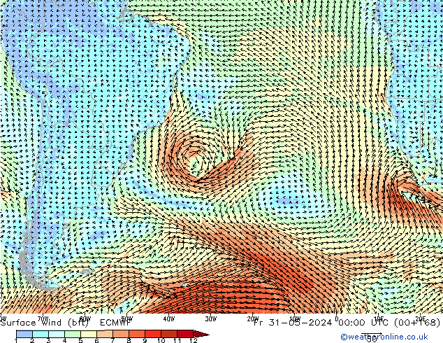 Vent 10 m (bft) ECMWF ven 31.05.2024 00 UTC