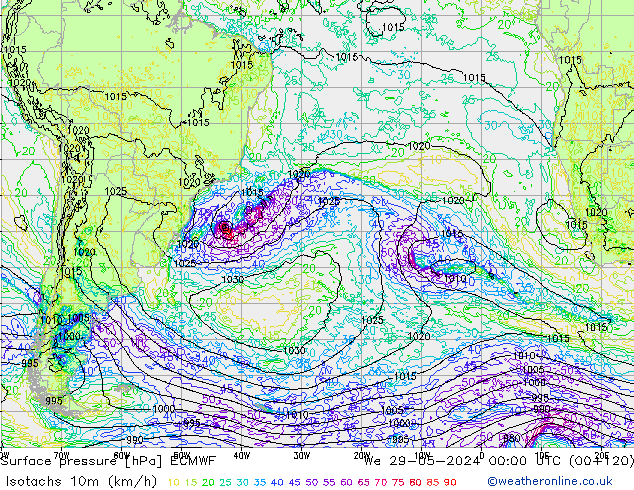 Isotachen (km/h) ECMWF wo 29.05.2024 00 UTC