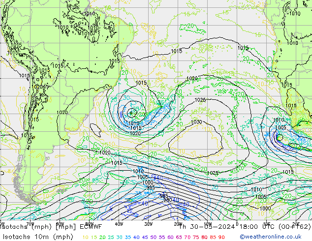 Isotachs (mph) ECMWF Th 30.05.2024 18 UTC