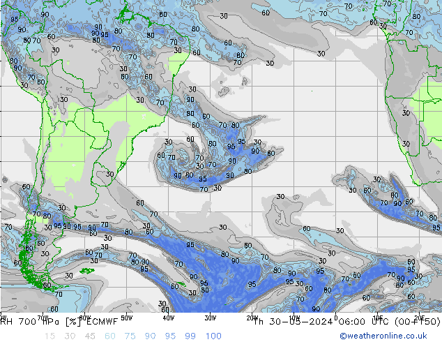 RH 700 hPa ECMWF Th 30.05.2024 06 UTC