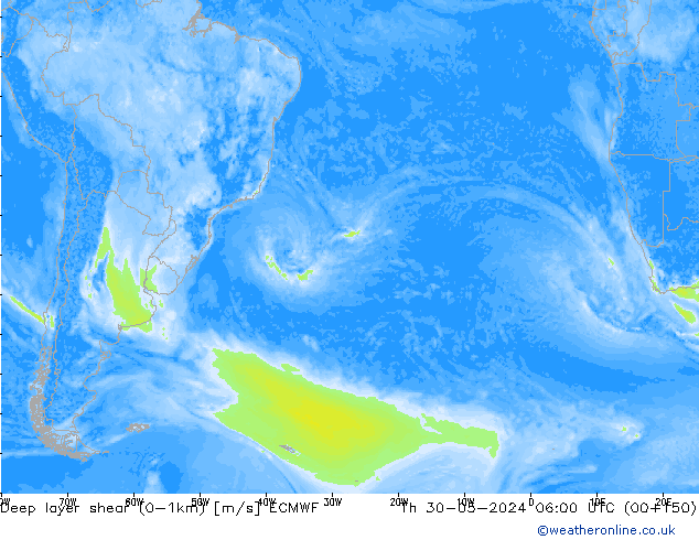 Deep layer shear (0-1km) ECMWF Th 30.05.2024 06 UTC