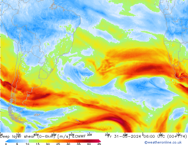 Deep layer shear (0-6km) ECMWF pt. 31.05.2024 06 UTC