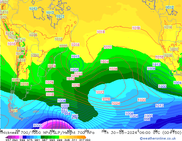 Thck 700-1000 hPa ECMWF  30.05.2024 06 UTC