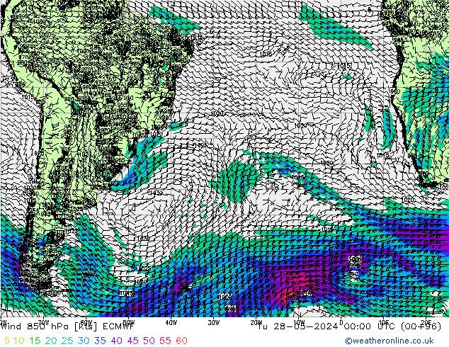 Wind 850 hPa ECMWF Út 28.05.2024 00 UTC