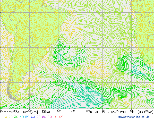 Ligne de courant 10m ECMWF jeu 30.05.2024 18 UTC