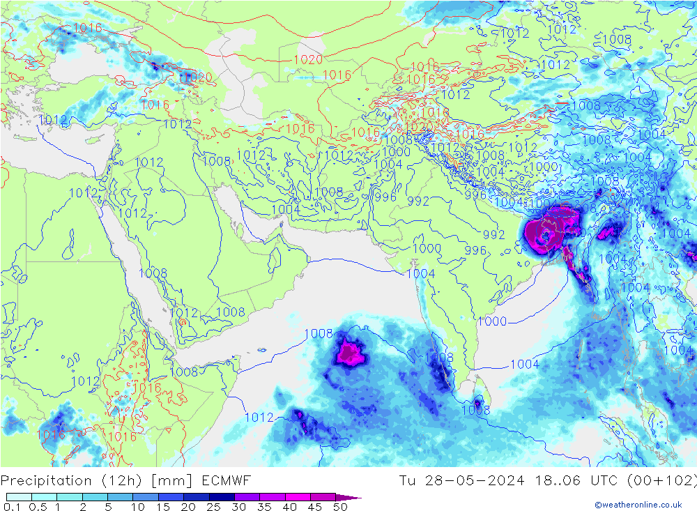 降水量 (12h) ECMWF 星期二 28.05.2024 06 UTC