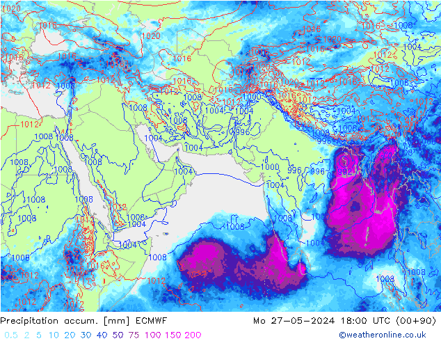 Precipitation accum. ECMWF pon. 27.05.2024 18 UTC