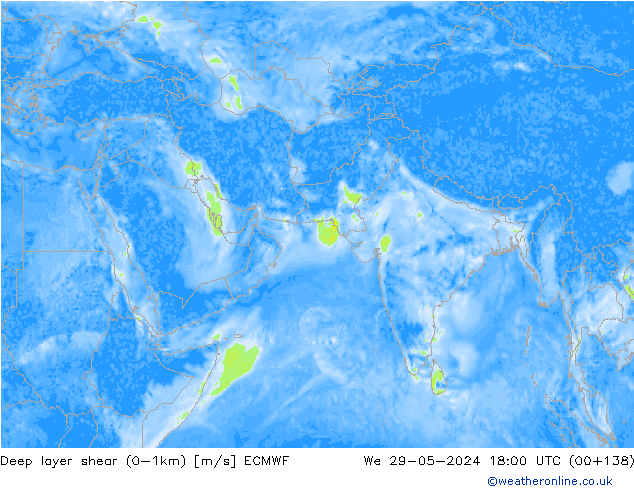 Deep layer shear (0-1km) ECMWF wo 29.05.2024 18 UTC