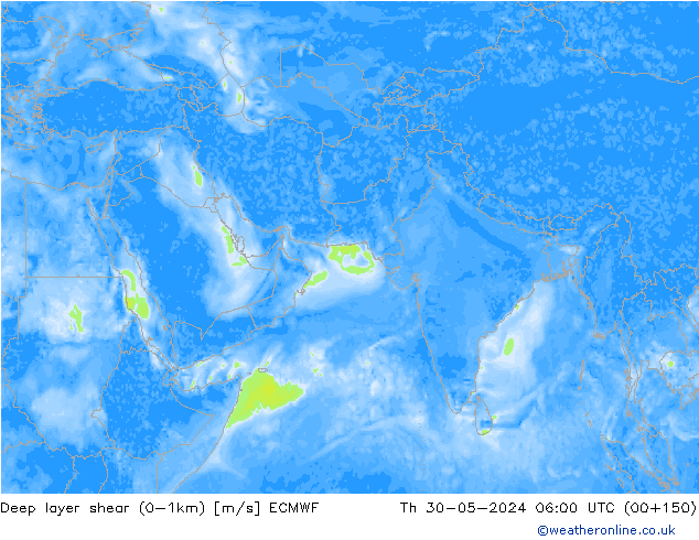 Deep layer shear (0-1km) ECMWF Th 30.05.2024 06 UTC