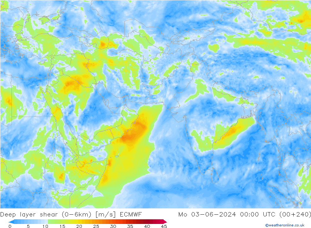 Deep layer shear (0-6km) ECMWF 星期一 03.06.2024 00 UTC