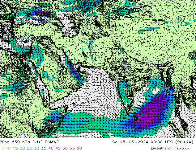 Wind 850 hPa ECMWF za 25.05.2024 00 UTC