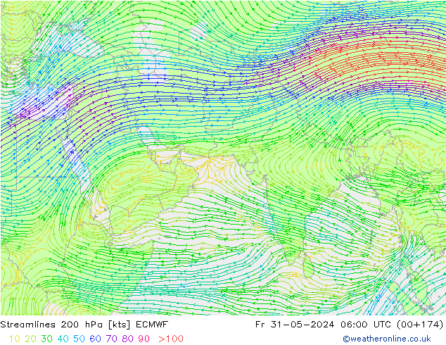 Linea di flusso 200 hPa ECMWF ven 31.05.2024 06 UTC