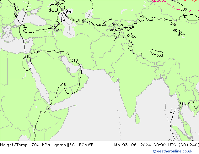 Height/Temp. 700 hPa ECMWF Po 03.06.2024 00 UTC