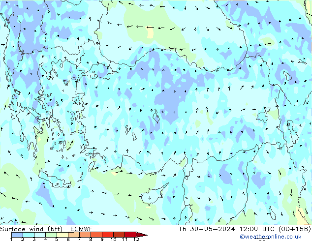 ве�Bе�@ 10 m (bft) ECMWF чт 30.05.2024 12 UTC