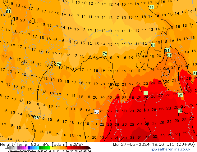 Geop./Temp. 925 hPa ECMWF lun 27.05.2024 18 UTC