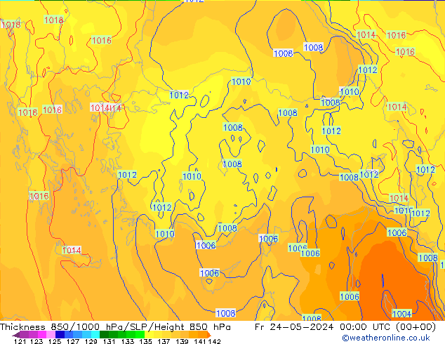 Dikte 850-1000 hPa ECMWF vr 24.05.2024 00 UTC