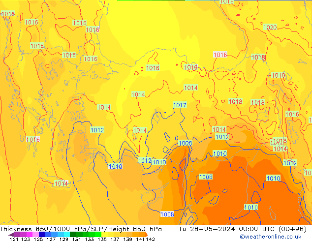 Dikte 850-1000 hPa ECMWF di 28.05.2024 00 UTC