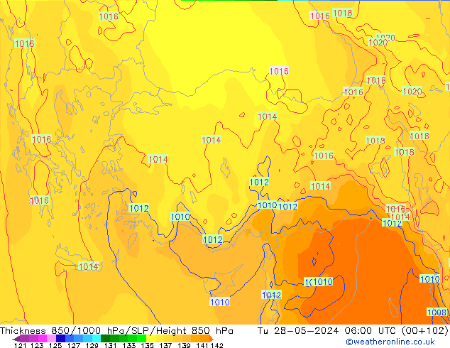 Thck 850-1000 hPa ECMWF Tu 28.05.2024 06 UTC