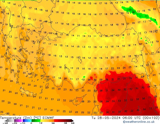 mapa temperatury (2m) ECMWF wto. 28.05.2024 06 UTC