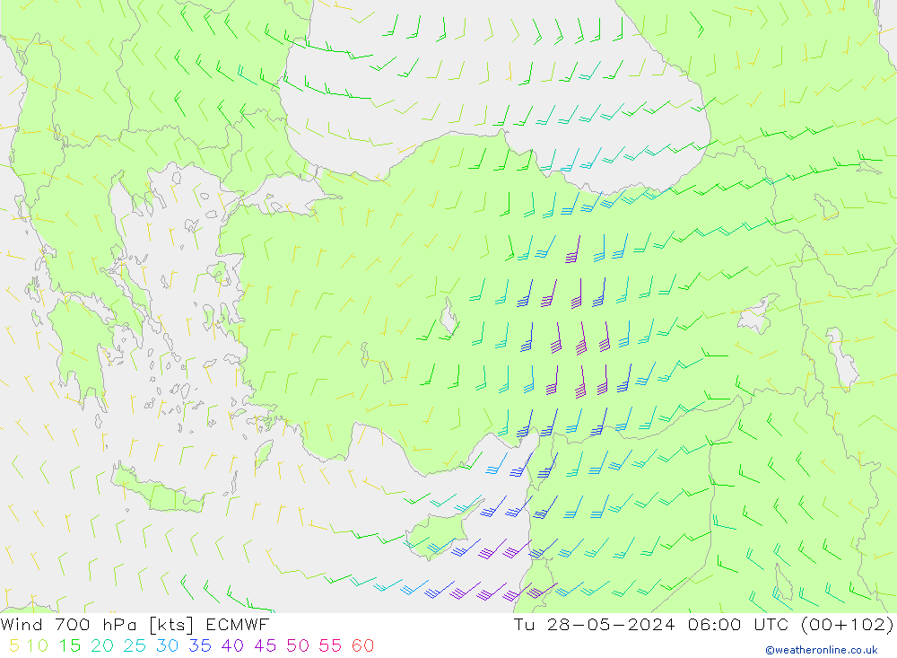 Wind 700 hPa ECMWF Út 28.05.2024 06 UTC