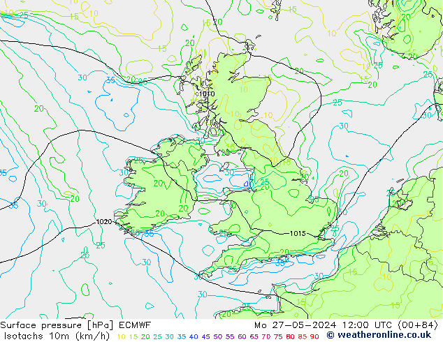 Isotachs (kph) ECMWF lun 27.05.2024 12 UTC