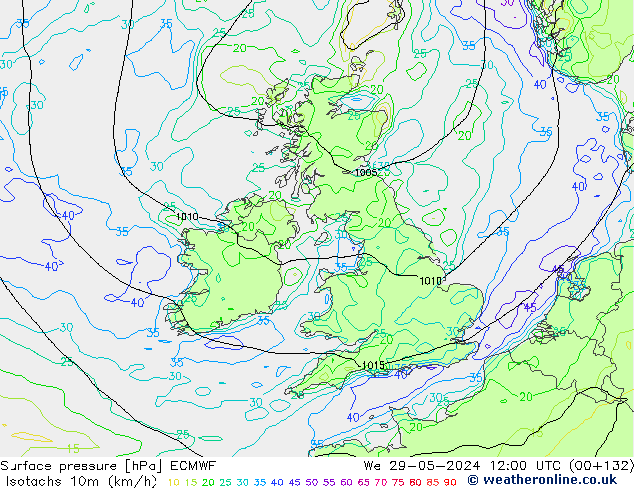 Isotachs (kph) ECMWF We 29.05.2024 12 UTC