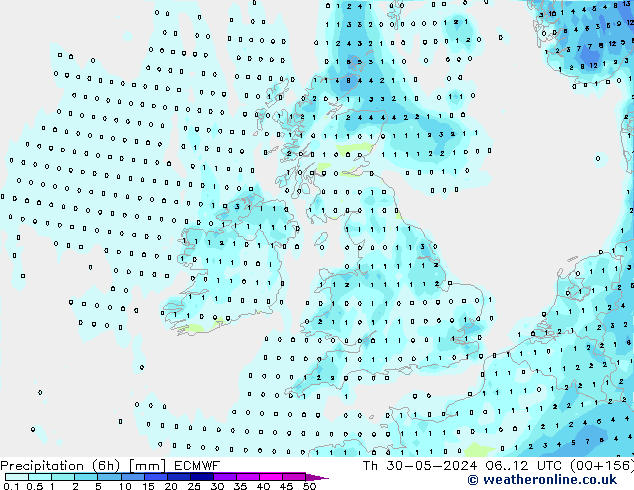 Totale neerslag (6h) ECMWF do 30.05.2024 12 UTC