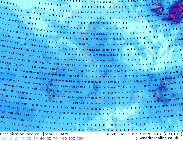 Precipitation accum. ECMWF Tu 28.05.2024 06 UTC